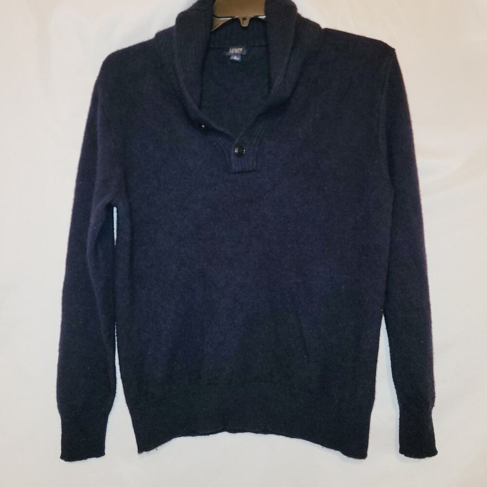 J. Crew mens lamb wool dark blue shawl collar long sleeved sweater size large